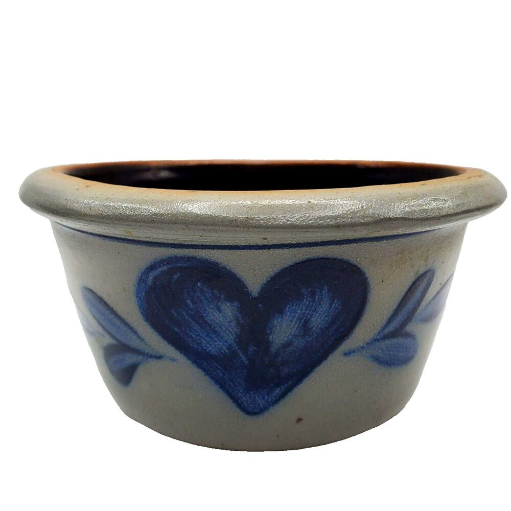 Rowe Blue Heart Pottery Bowl Salt Glaze Baking Dish Vintage 1989 Stoneware Dish